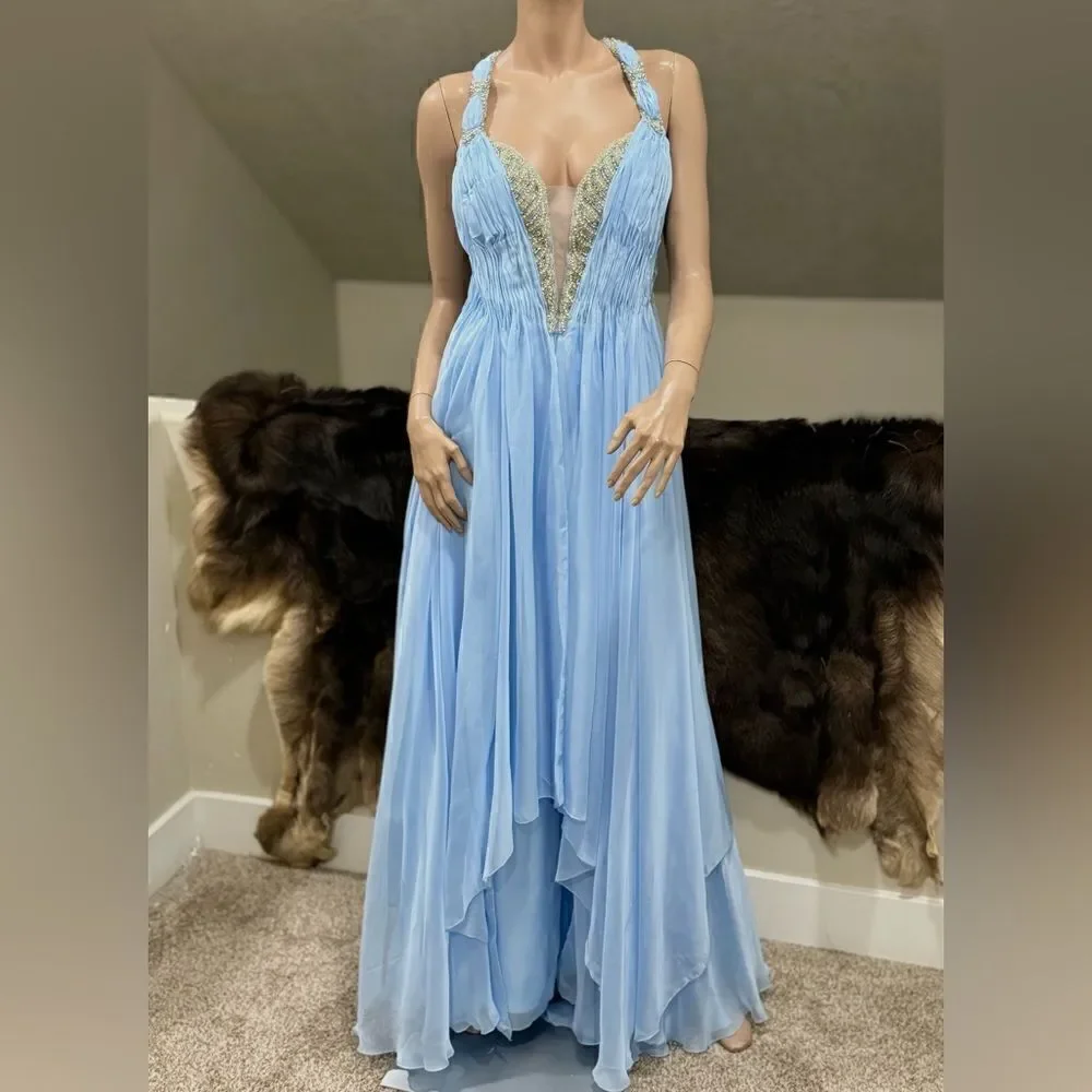 New Gorgeous Light Blue Beaded Chiffon Gown With Shawl - Picture 3 of 16